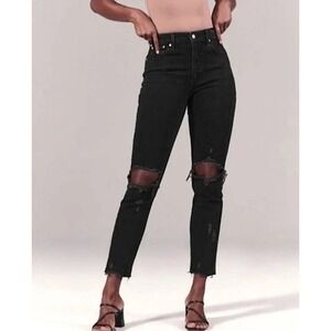 Abercrombie & Fitch Curve Love High Rise Distressed Mom Jeans Black Wash 27
